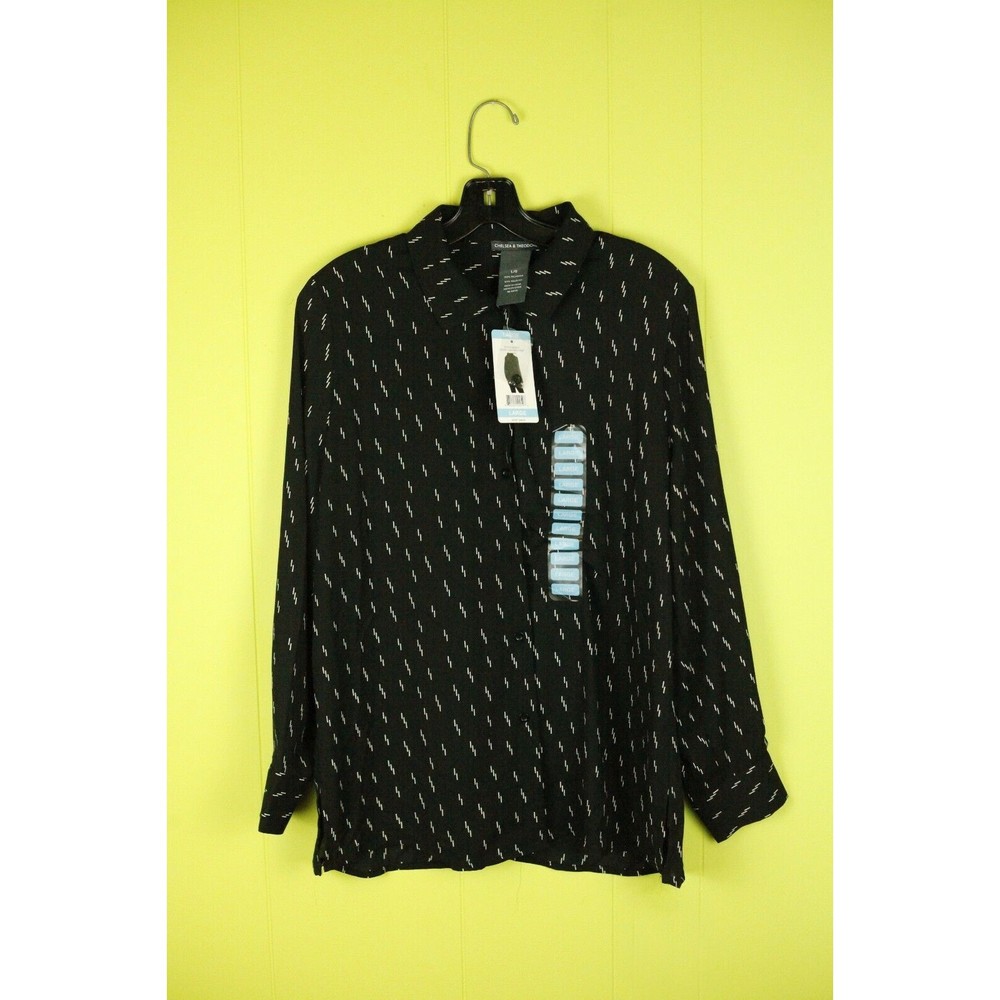 NWT $68 Chelsea & Theodore Sz L Black Blouse Collared Lighting Pattern